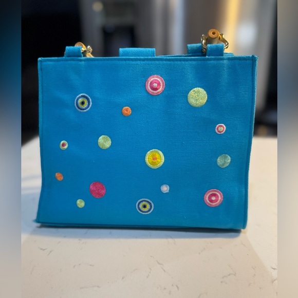 Tianni Bamboo Handle Vibrant Blue and Yellow Tote with Playful Design - Picture 4 of 10